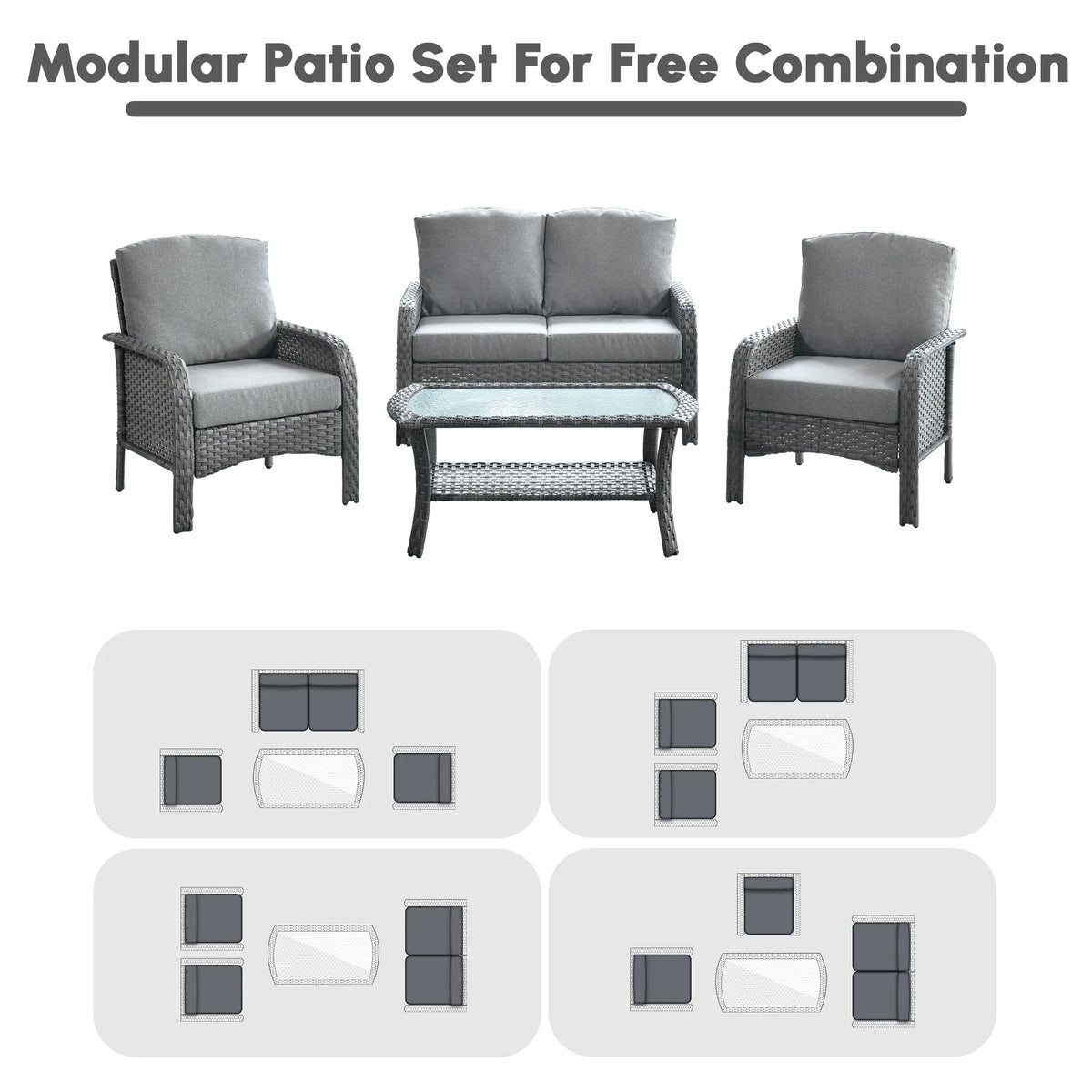 Ovios 4 Pieces Wicker Outdoor Patio Furniture with Coffee Table High Back All-Weather Rattan Outdoor Sectional Conversation Set for Backyard Porch Garden, Denim Blue