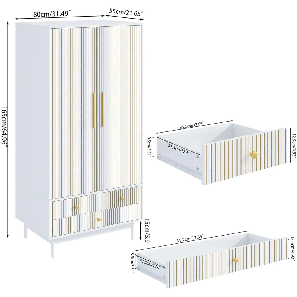 Oubayajia Wardrobe Armoire Closet, 2 Fluted Doors Wardrobe Cabinet with 3 - Drawer and Hanging Rod, Wood Wardrobe Storage for Bedroom