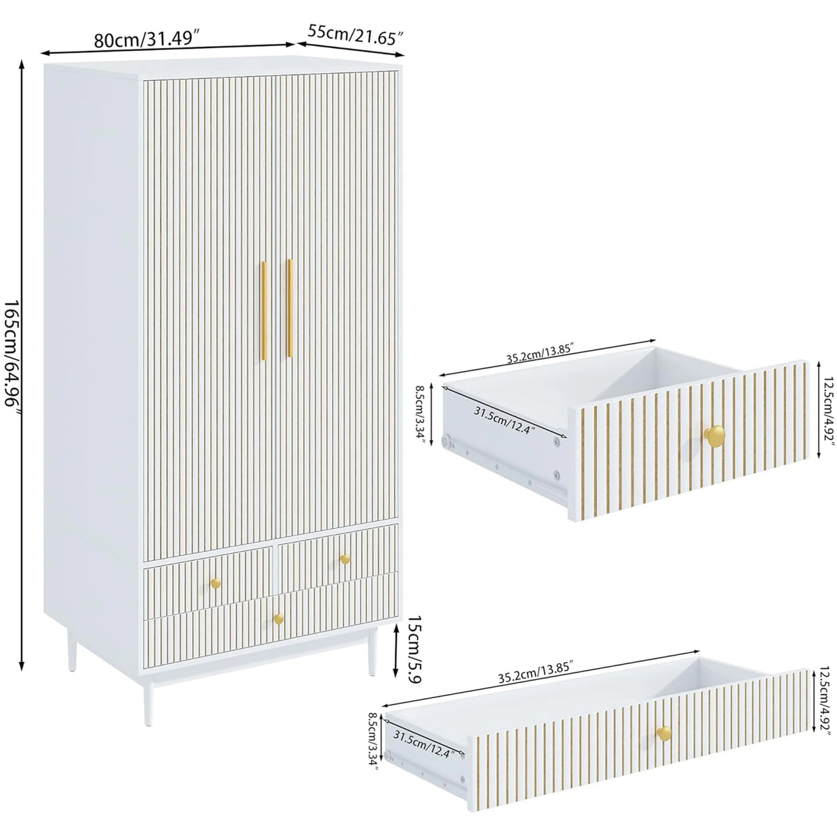 Oubayajia Wardrobe Armoire Closet, 2 Fluted Doors Wardrobe Cabinet with 3 - Drawer and Hanging Rod, Wood Wardrobe Storage for Bedroom