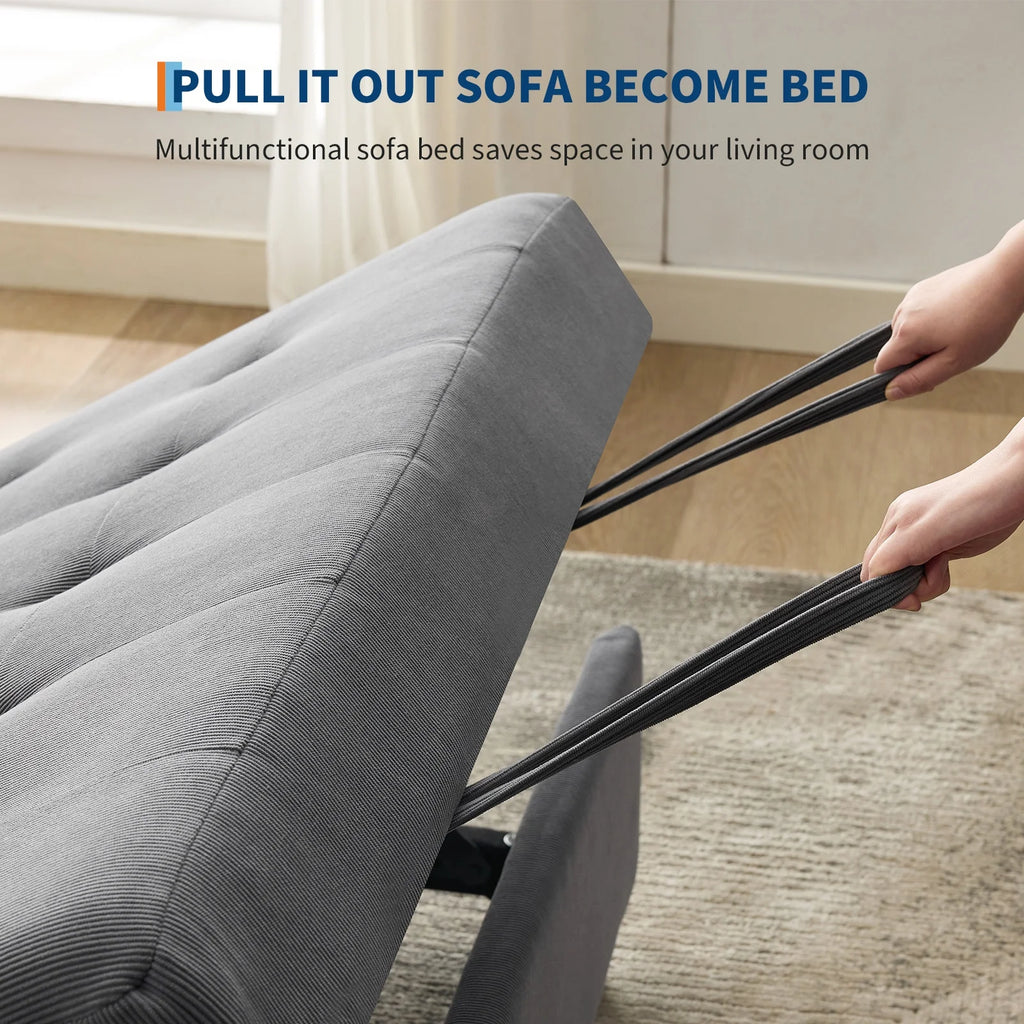 3 in 1 Convertible Sleeper Sofa Bed, Corduroy Futon Couches with Pull - Out Bed, Adjustable Backrest, Charging Port & Side Pockets, Modern Upholstered Sofa for Living Room, Guest Room