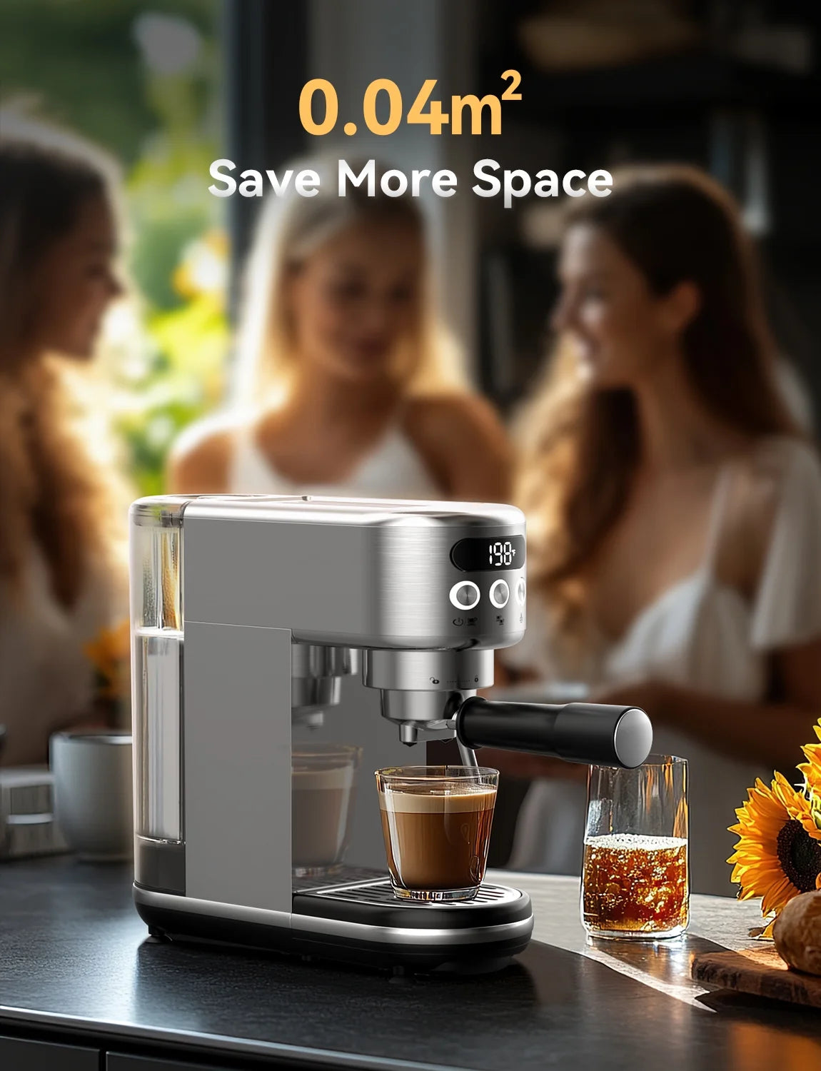 Neretva Espresso Machine 15 Bar Professional Espresso Maker with Milk Frother Steam Wand, Cappuccino & Latte Machine, Espresso Coffee Machine for Home - Stainless Steel