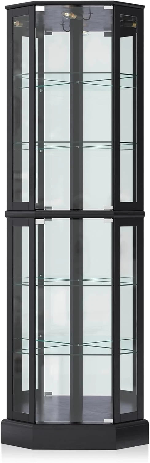 Lighted Corner Curio Cabinet with Glass Door and Shelves