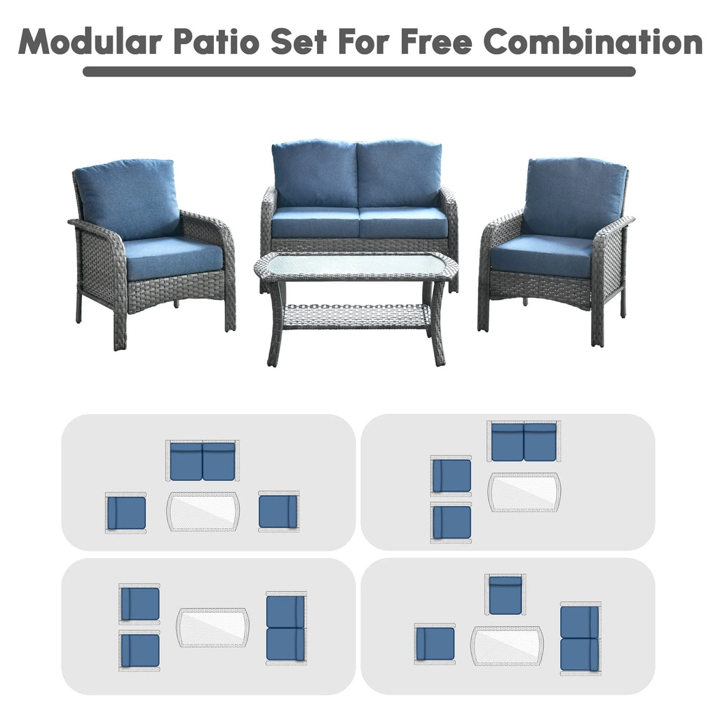 Ovios 4 Pieces Wicker Outdoor Patio Furniture with Coffee Table High Back All-Weather Rattan Outdoor Sectional Conversation Set for Backyard Porch Garden, Denim Blue