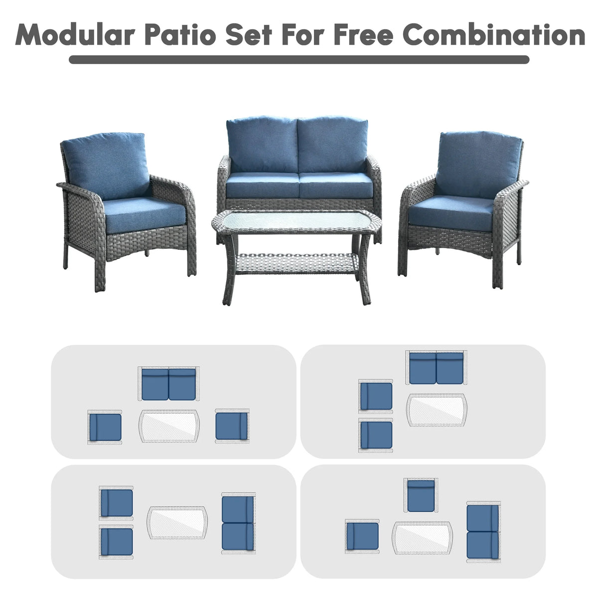 Ovios 4 Pieces Wicker Outdoor Patio Furniture with Coffee Table High Back All-Weather Rattan Outdoor Sectional Conversation Set for Backyard Porch Garden, Denim Blue