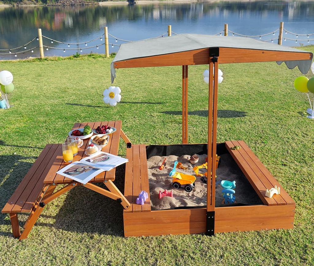 Wooden Sandbox with Convertible Picnic Table and Lid