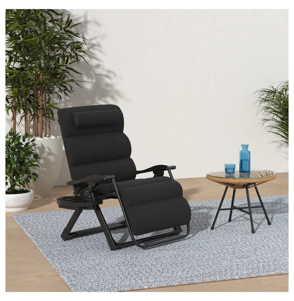 Oversized Chair, Folding Outdoor Patio Recliner, XL Anti Gravity Lounger W/Removable Cushion, Cup Holder, Side Tray, 350 lb Capacity - Taupe
