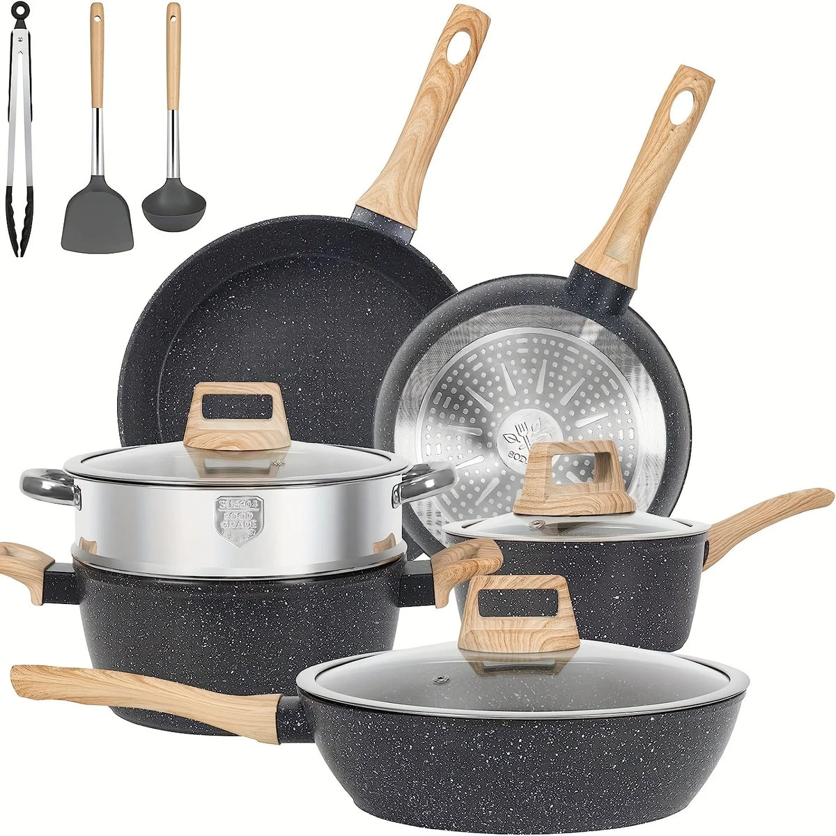 Non - Stick 12 POTS and Pans Set, Cookware Set, Including Frying Pan, Pan, Steamer, Silicone Spatula and Tongs - Granite Cooking Set (Black)
