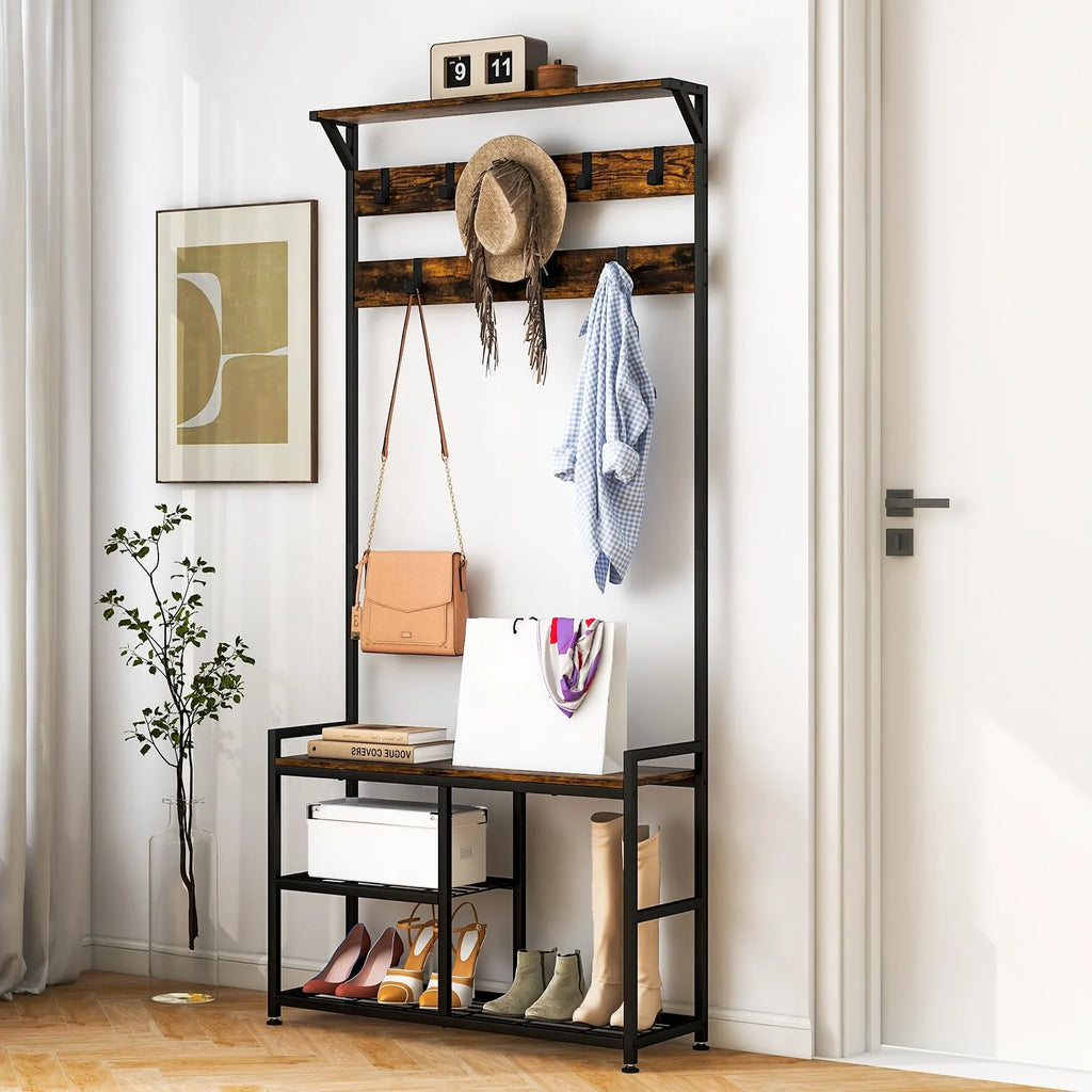 Tangkula Coat Rack Shoe Bench, 3-in-1 Industrial Hall Tree w/Storage Bench & 9 Hanging Hooks, 3-Tier Wood Look Entryway Bench w/Metal Frame