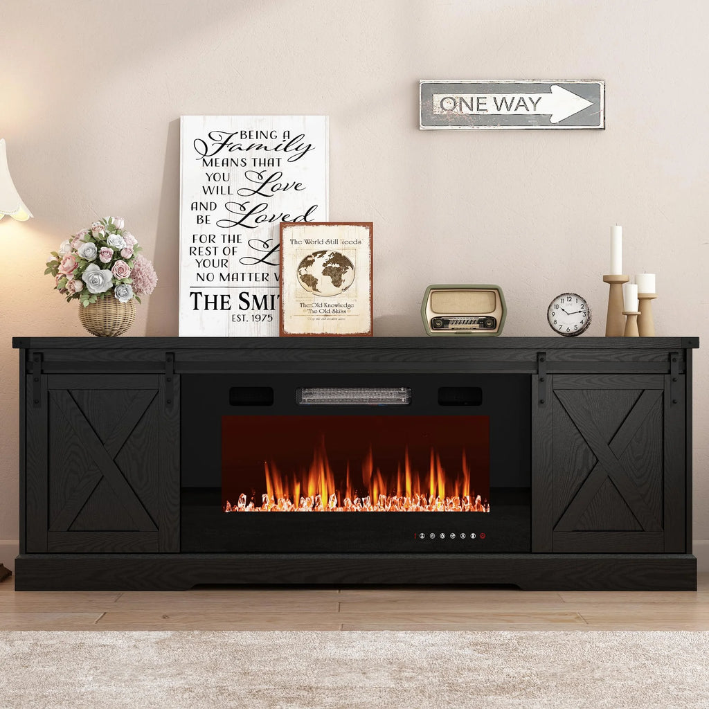 Chvans Farmhouse Barn Door TV Stand for up to 65" Tvs & 23" Electric Fireplace, Entertainment Center Console Table with Adjustable Shevles