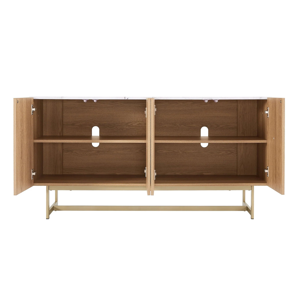 Roomfitters 57�?mid Century Modern TV Stand, Herringbone Pattern Buffet Cabinet Sideboard Credenza, Marble Top Media Console Entertainment Center for Living Room, Entryway (Oak Wood, Gold Metal Legs)