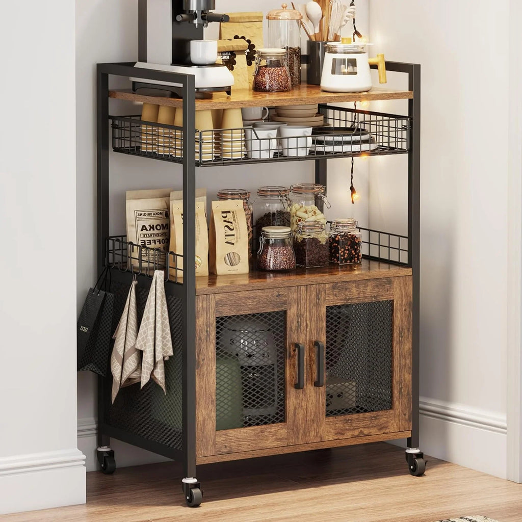 Rolling Coffee Bar Cabinet with Basket Drawer, Rustic Brown