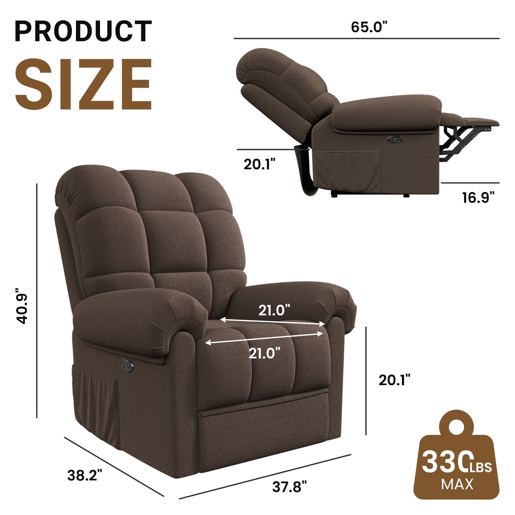 Power Recliner Chair, Electric Recline Sofa Chair for Adults with USB Port, Comfy Teddy Fleece Adjustable Cloud Sofa, Tool - Free Setup, Beige White