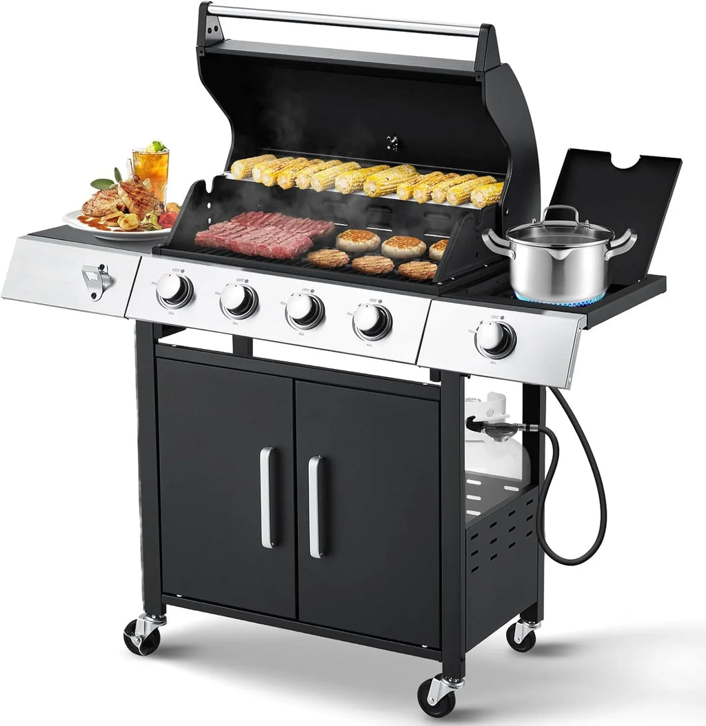 Upgraded 4 Burner Bbq Propane Gas Grill with Cast Iron Grates & Side Stove, 44,000 btu Stainless Steel Burner Barbecue Grill for Patio,…
