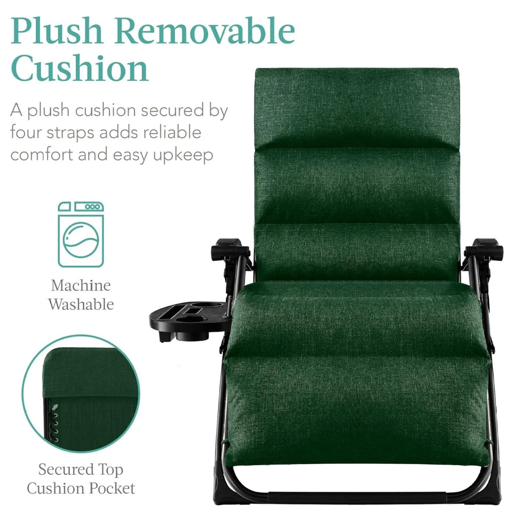 Oversized Chair, Folding Outdoor Patio Recliner, XL Anti Gravity Lounger W/Removable Cushion, Cup Holder, Side Tray, 350 lb Capacity - Taupe