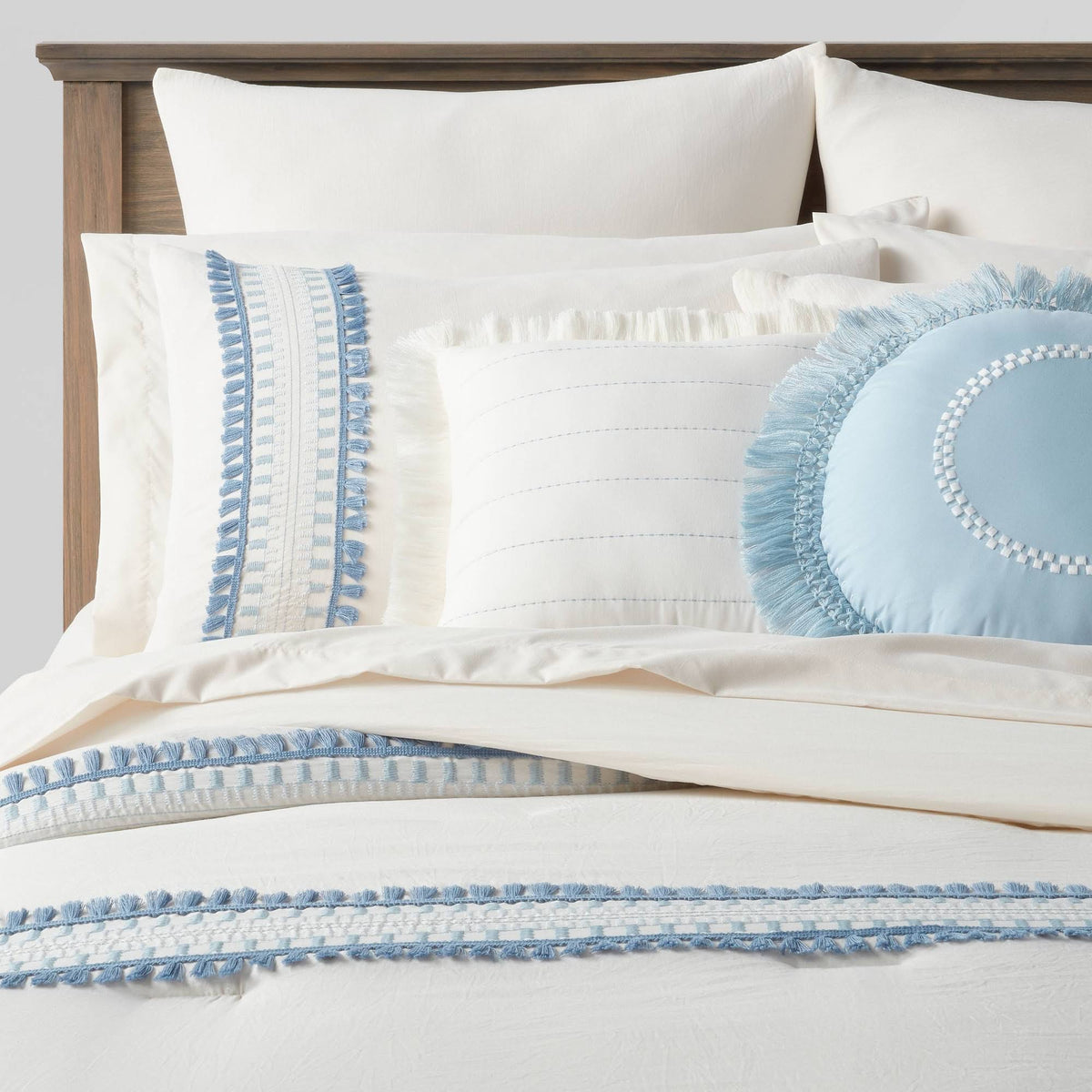 12pc King Embroidered Fringe Stripe with Tassels Comforter & Sheet Bedding Set White/Blue - Threshold