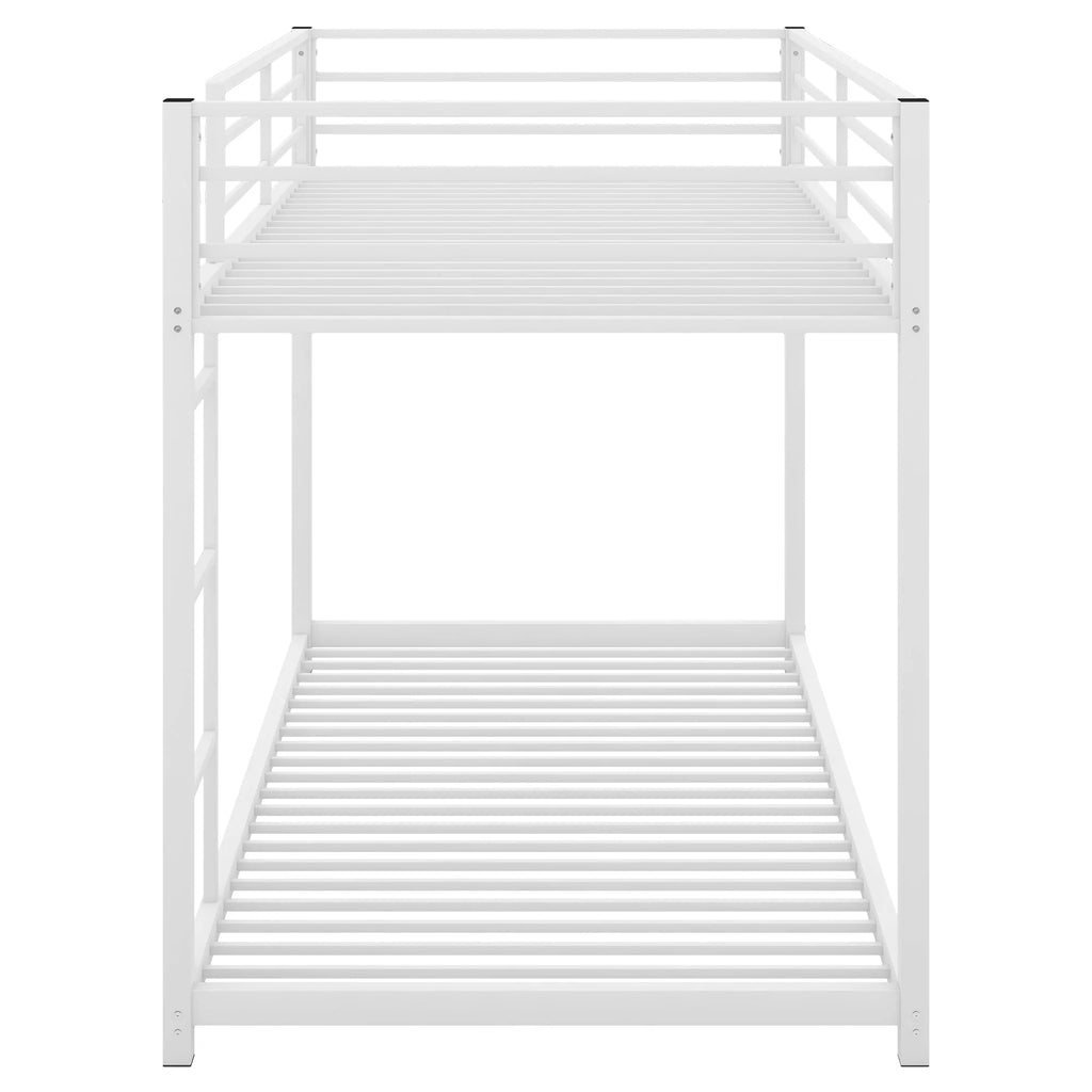 Twin Over Twin Metal Bunk Bed, Low Twin Bunk Bed with Safety Guardrail and Ladder, No Box Spring Needed, Steel Bunk Bed Platform Suitable for Girls Boys Teens, White