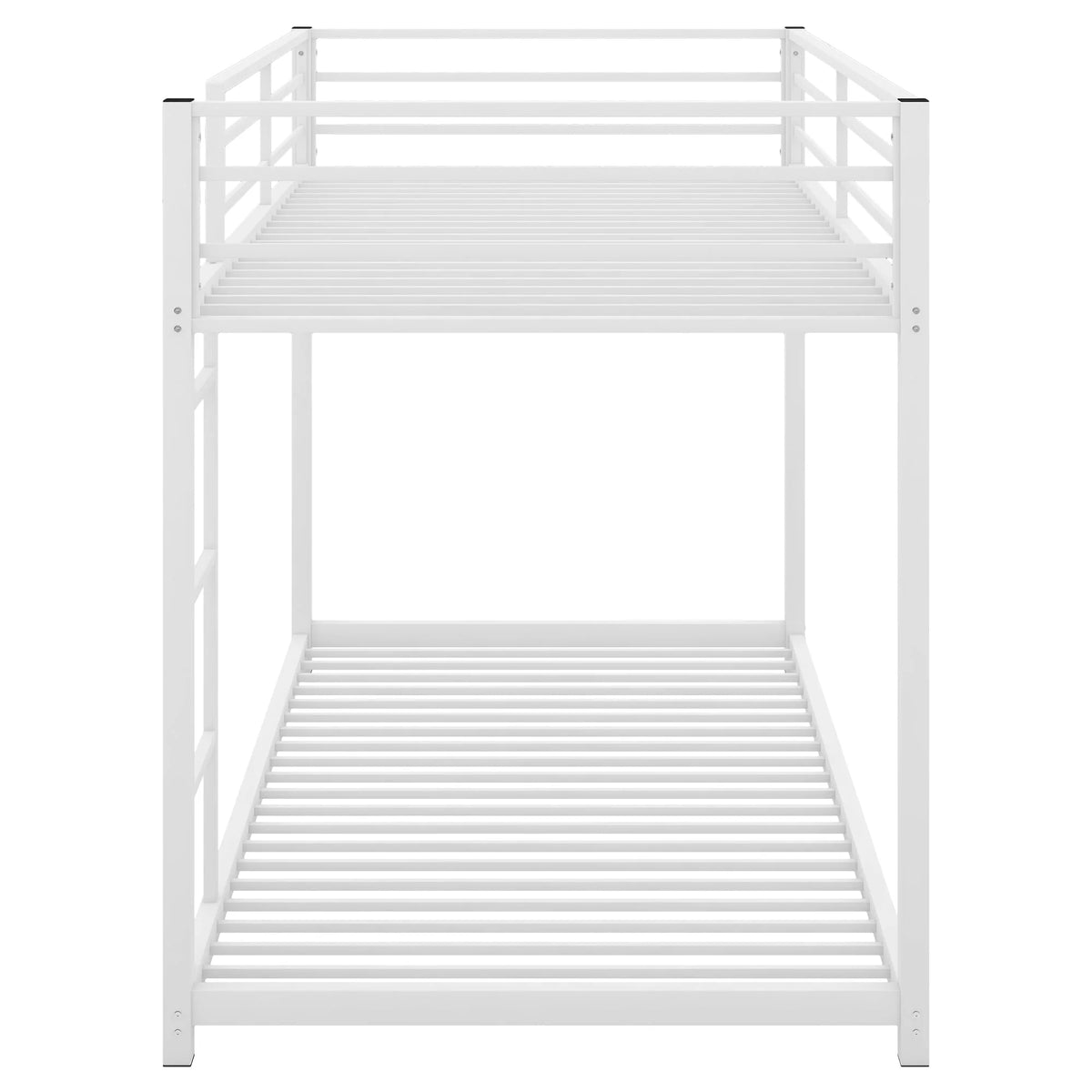 Twin Over Twin Metal Bunk Bed, Low Twin Bunk Bed with Safety Guardrail and Ladder, No Box Spring Needed, Steel Bunk Bed Platform Suitable for Girls Boys Teens, White