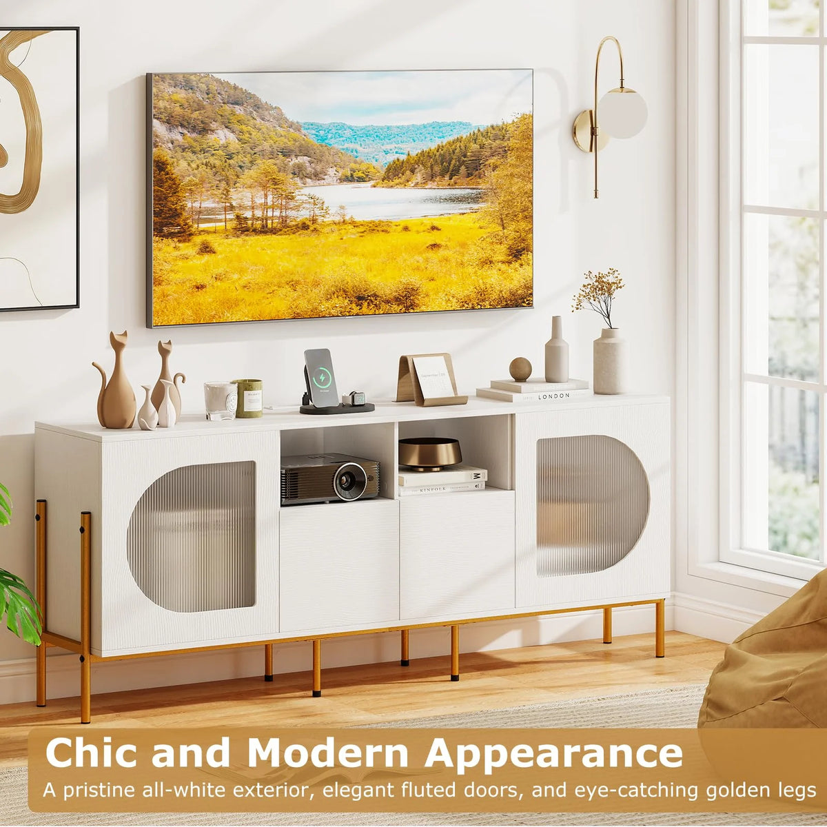 Tangkula 65”L White TV Stand for 55”-70” Televisions