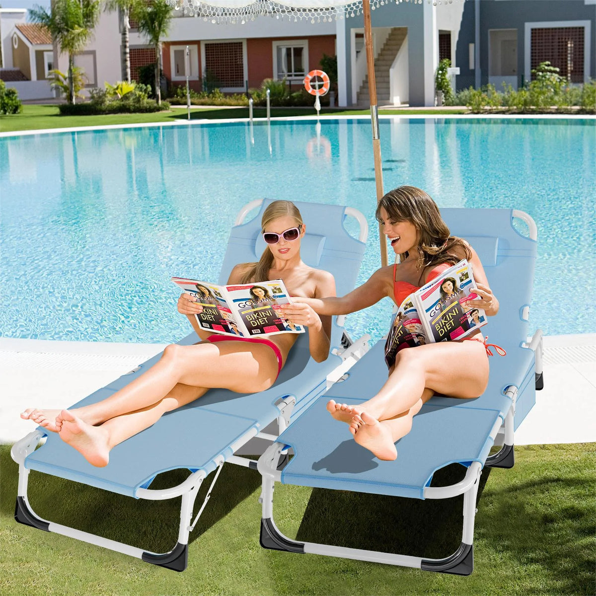 MOPHOTO Lounge Chair with Mattress, Outdoor Chaise Lounge Support 440 lb, Adjustable Portable Heavy Duty Sleeping Cots Bed for Camping, Pool, Beach, Patio