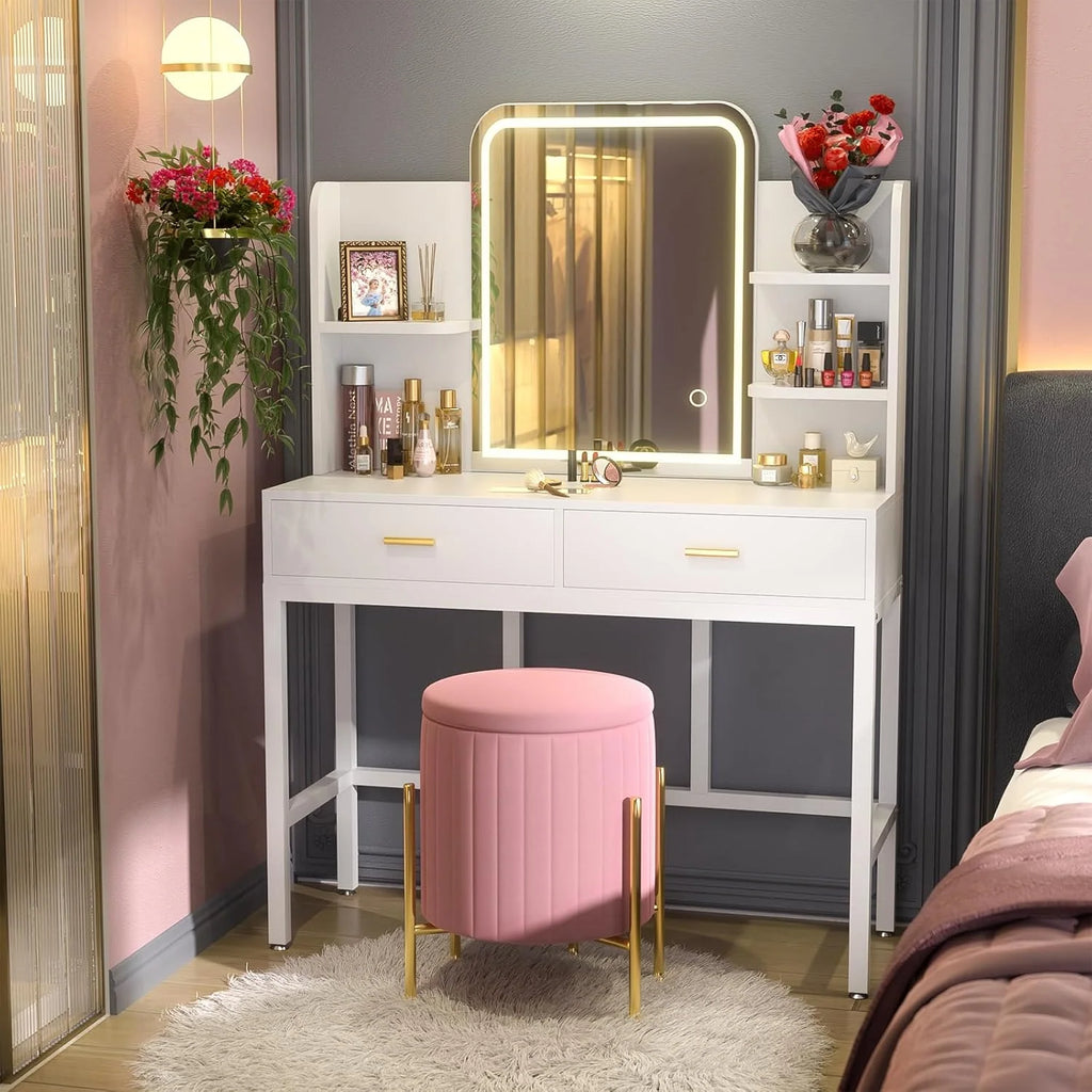 Makeup Vanity Desk with Lighted Mirror and 2 Drawers