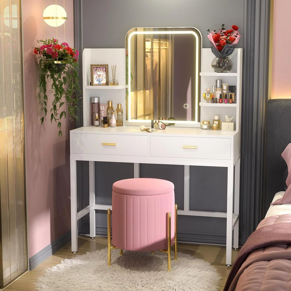 Makeup Vanity Desk with Lighted Mirror and 2 Drawers