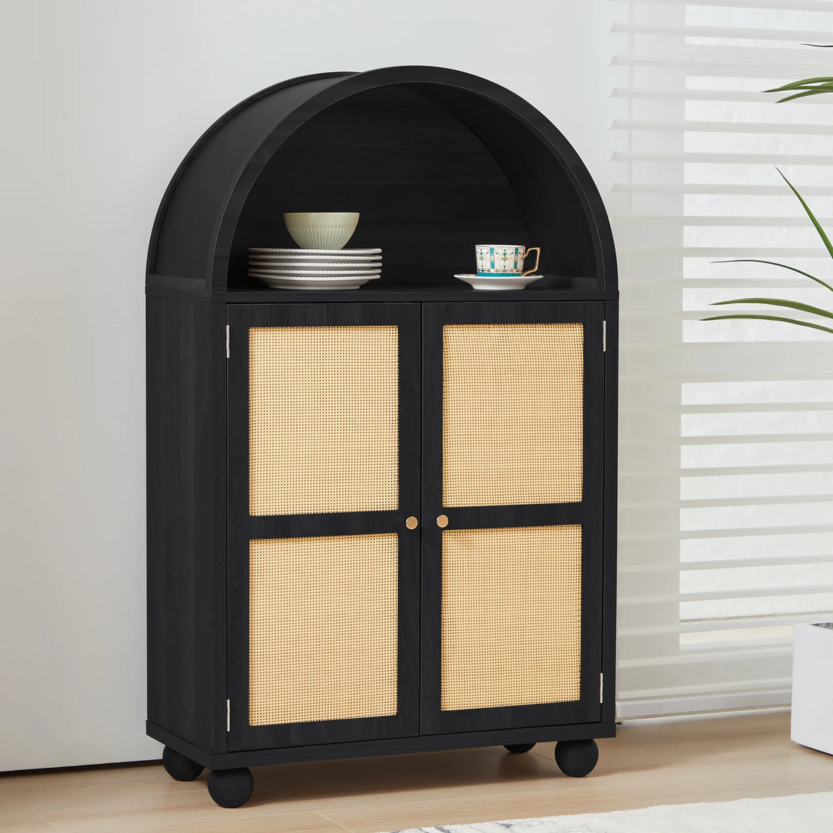 Wirrytor Arched Kitchen Storage Cabinet, Sideboard Buffet Cabinet with 2 - Tier and 2 Doors, Black Sideboard, Kitchen Pantry Cabinet, Wooden Storage Cabinet for Living Room