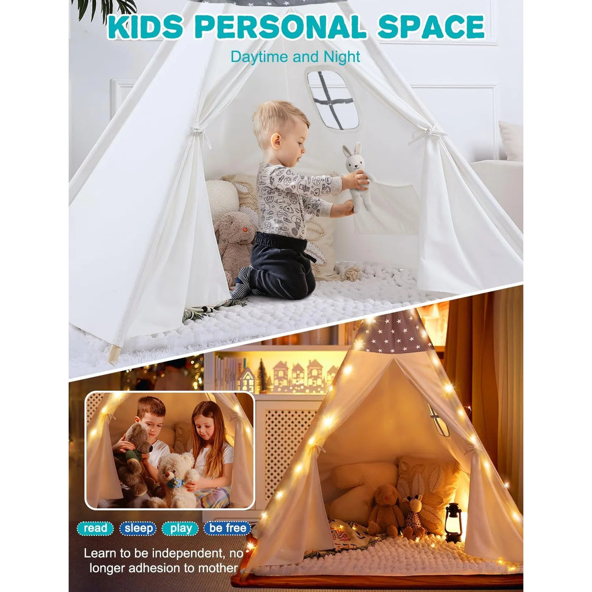 Teepee Tent for Kids Slumber Party - 100% Cotton Foldable Kids Tent Indoor with Light & Flag Play House Outdoor - Toddler Tipi Playroom for Girls Gift Toys - Tee Pee Tents(Stars Design) Grey Teepee