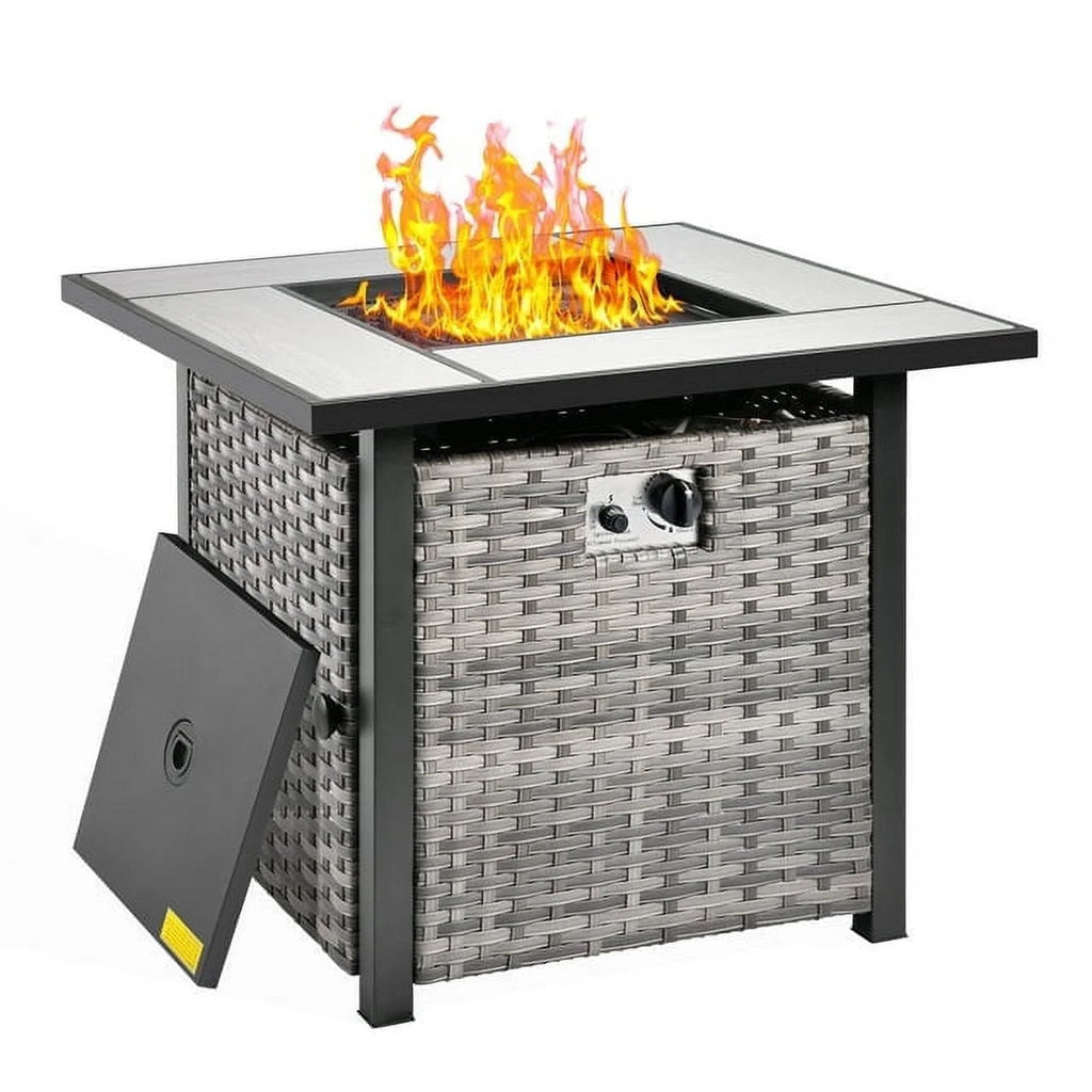 Ovios 7 Piece Wicker Outdoor Patio Dining Set with Fire Pit Table, Grey