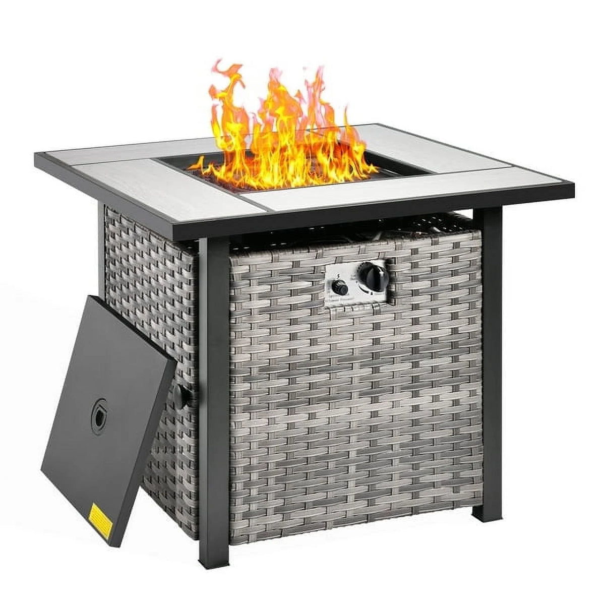 Ovios 7 Piece Wicker Outdoor Patio Dining Set with Fire Pit Table, Grey