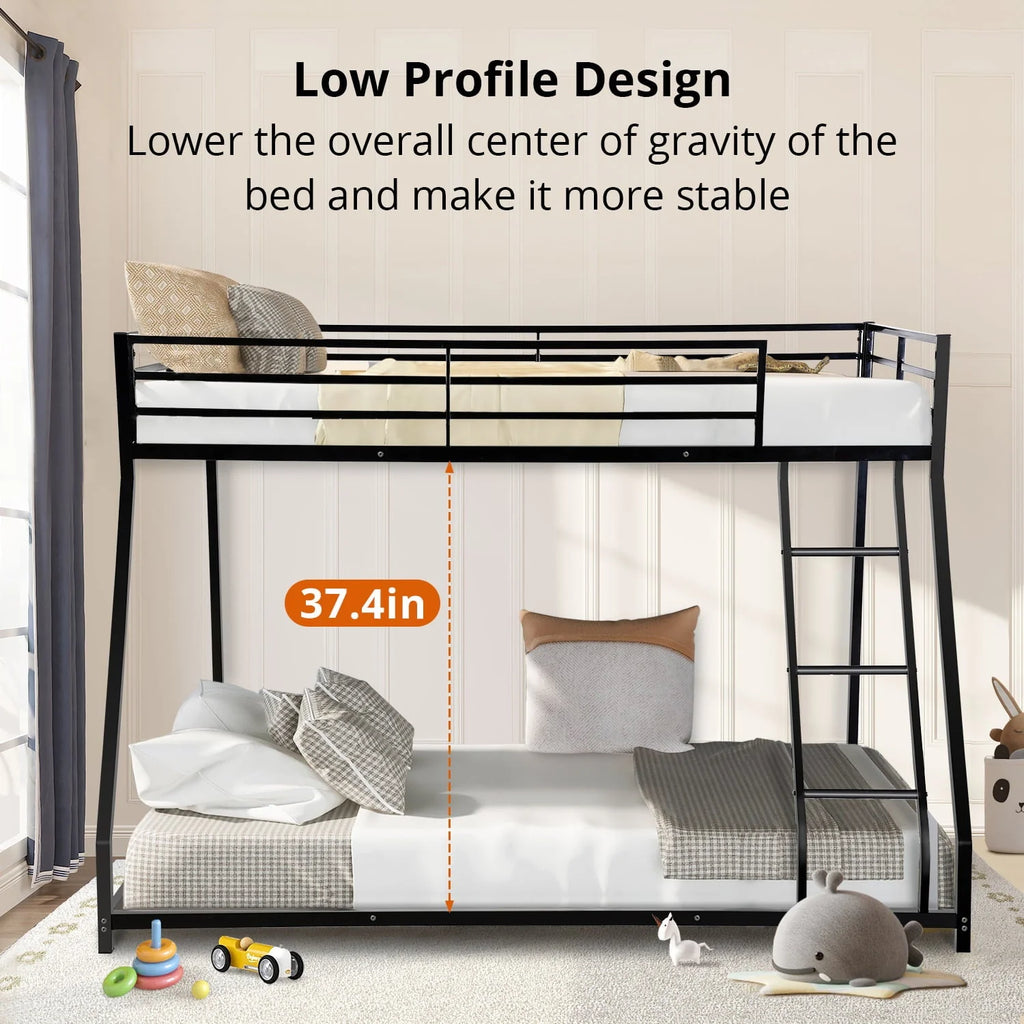Twin Over Full Bunk Bed, Metal Bunk Bed Frame, Noise Free Floor Bunk Beds with Guardrails & Ladder for Kids Teens Adults, No Box Spring Needed, Black