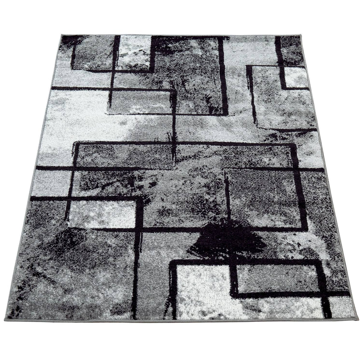 Modern Black-White Area Rug with Abstract Paint Effect - 3'11" x 5'7"