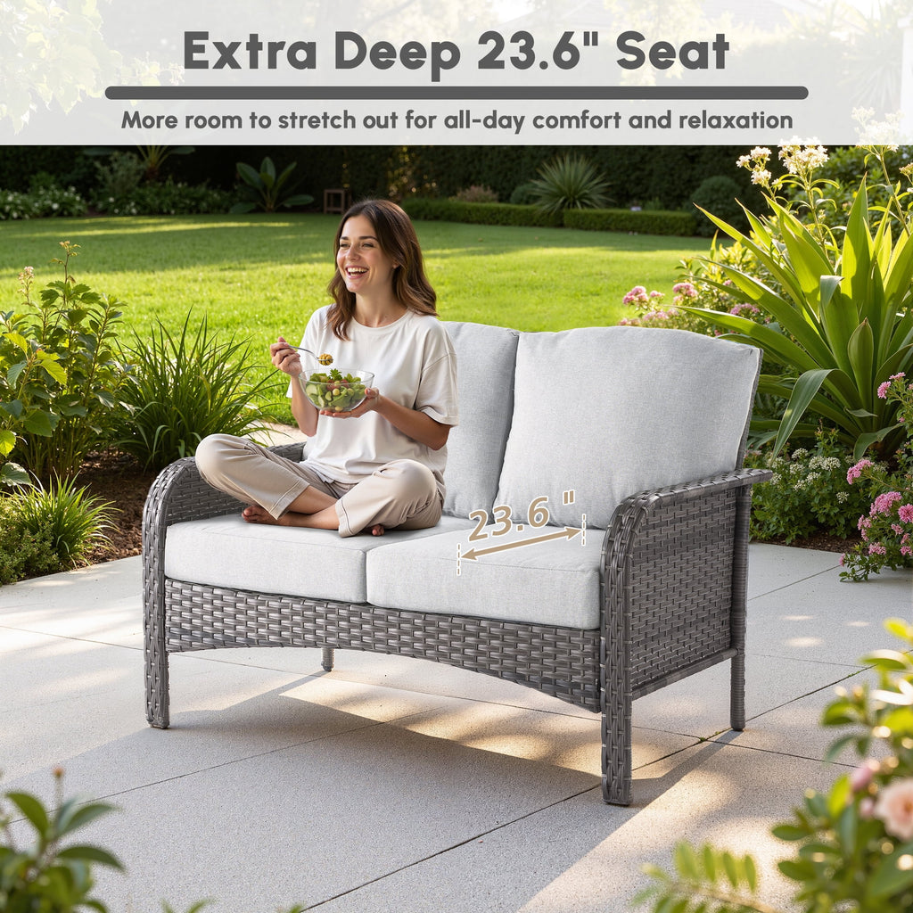 Ovios 4 Pieces Wicker Outdoor Patio Furniture with Coffee Table High Back All-Weather Rattan Outdoor Sectional Conversation Set for Backyard Porch Garden, Denim Blue