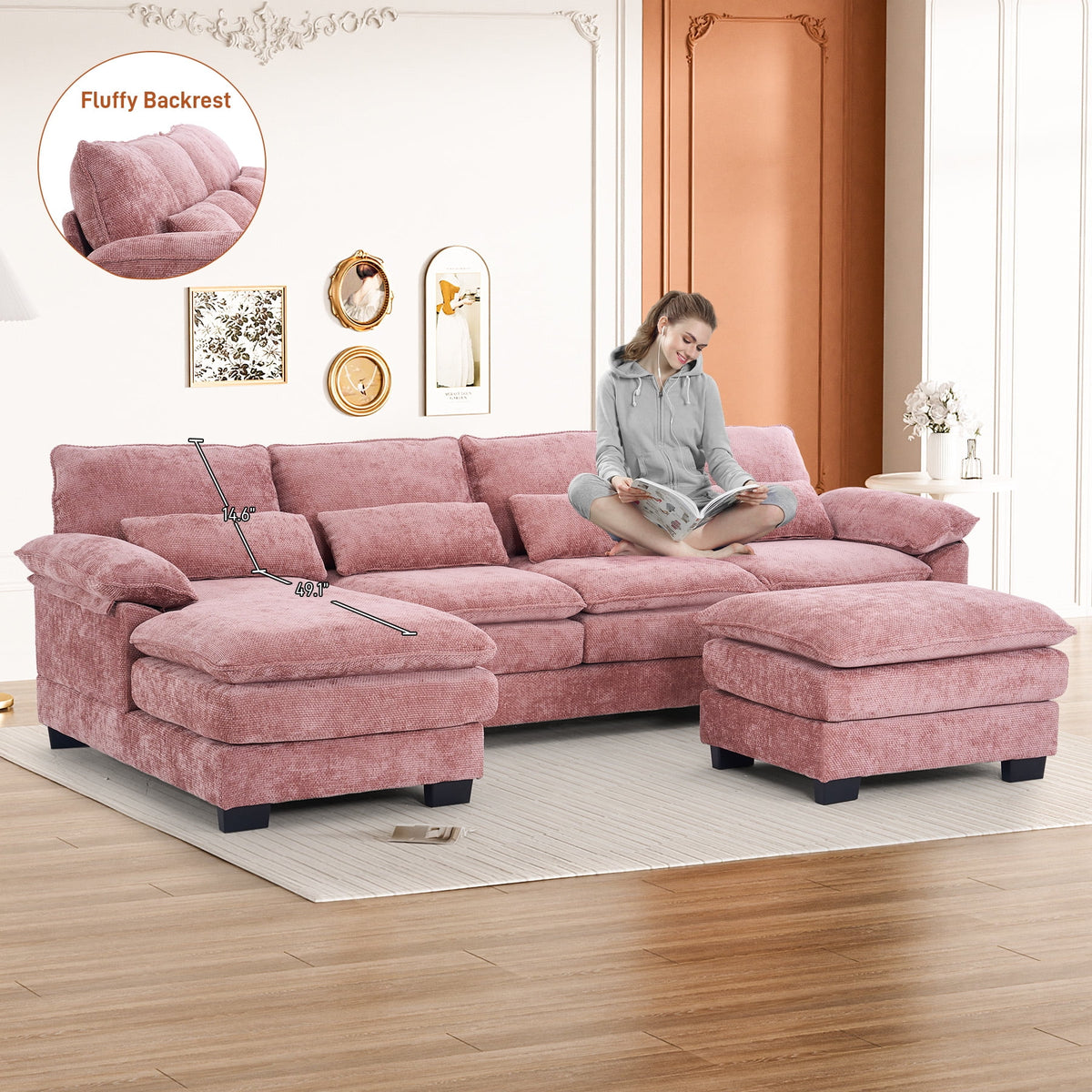 Rophefx 114.3" U Shaped Sectional Couches for Living Room, Cloud Couch, 4 Seats Chenille Couch with Double Layer Cushion, Orange