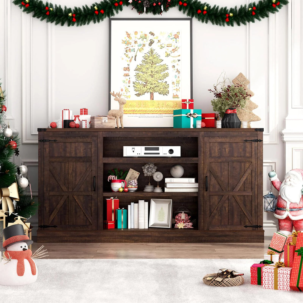 Chvans Farmhouse Barn Door TV Stand for up to 65" Tvs & 23" Electric Fireplace, Entertainment Center Console Table with Adjustable Shevles