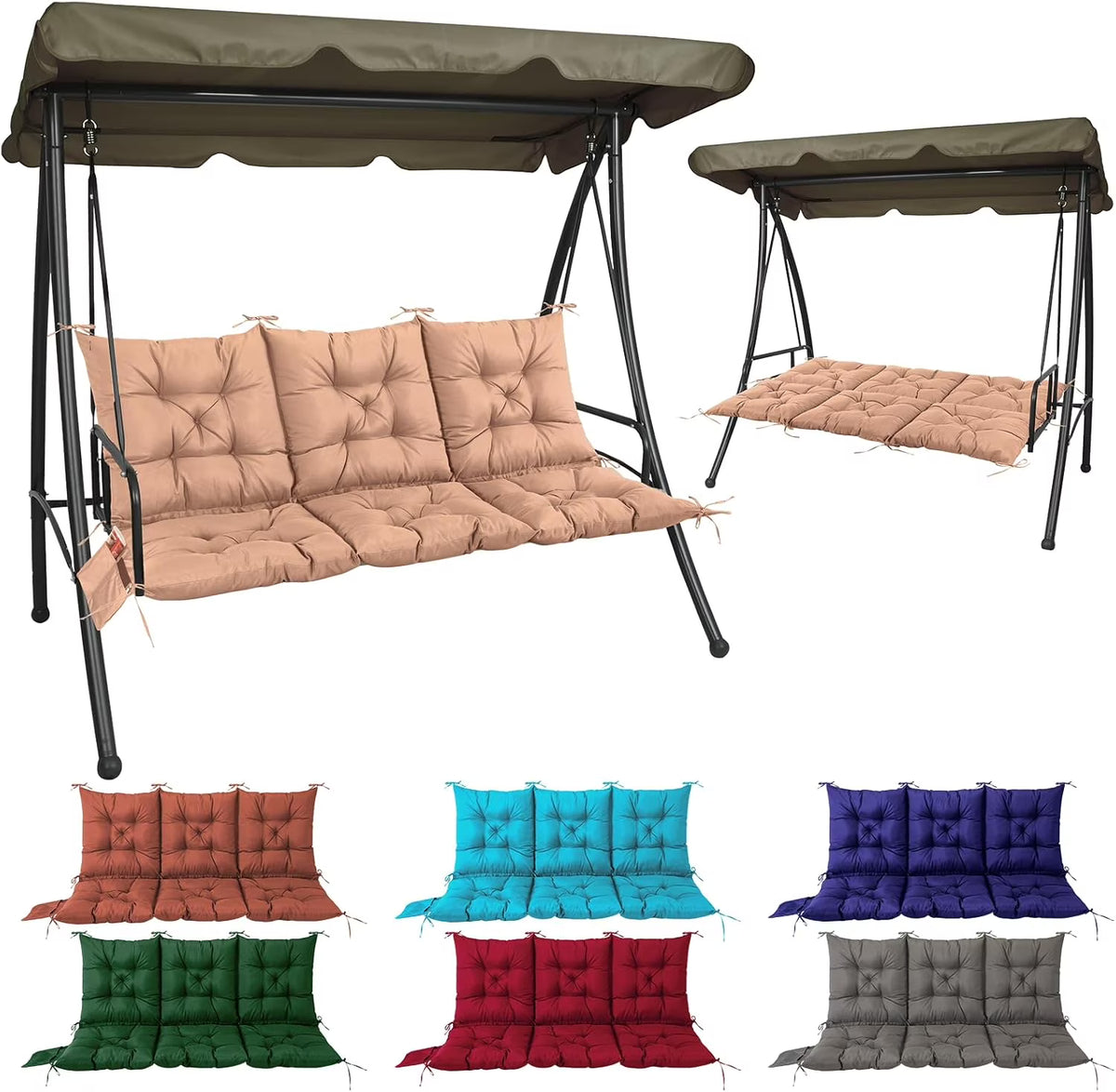 NACATIN 3 Seat Cushion for Outdoor Swing - 60x40 Inches, 4" Thick Porch Swing Cushions with Ties and Storage Bag, Waterproof Bench Replacement Cushions for Patio, Outdoor, Backyard and Garden (Khaki)
