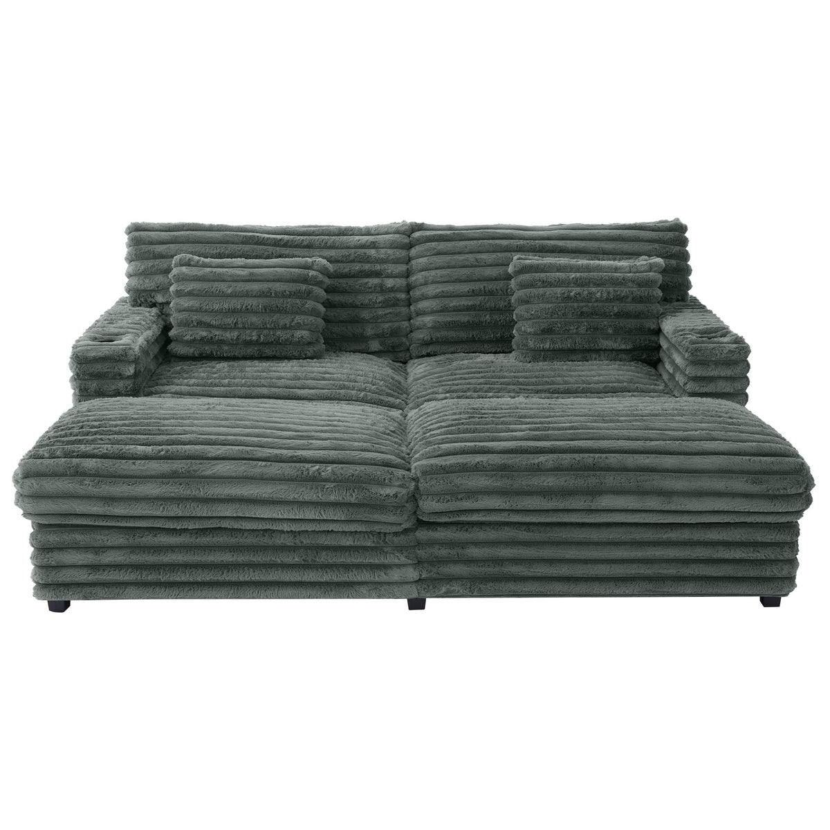 Oversized Double Chaise Lounge, Faux Fur Upholstered Deep Seat Sofa with 2 Pillows, 2 Cupholders, and Dual USB Ports