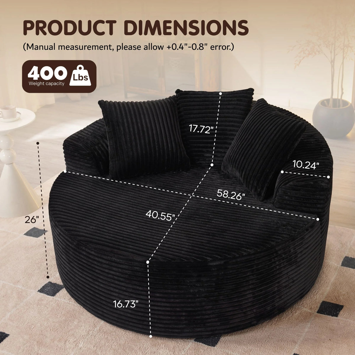 Ovios 58'' Oversized Chaise Lounge Indoor Chair Modern Cloud Floor Sofa Bed Comfy Upholstered Sleeper Couch Deep Seat Accent Reading Chair for Living Room, Bedroom, No Assembly, Black(Plush Corduroy)