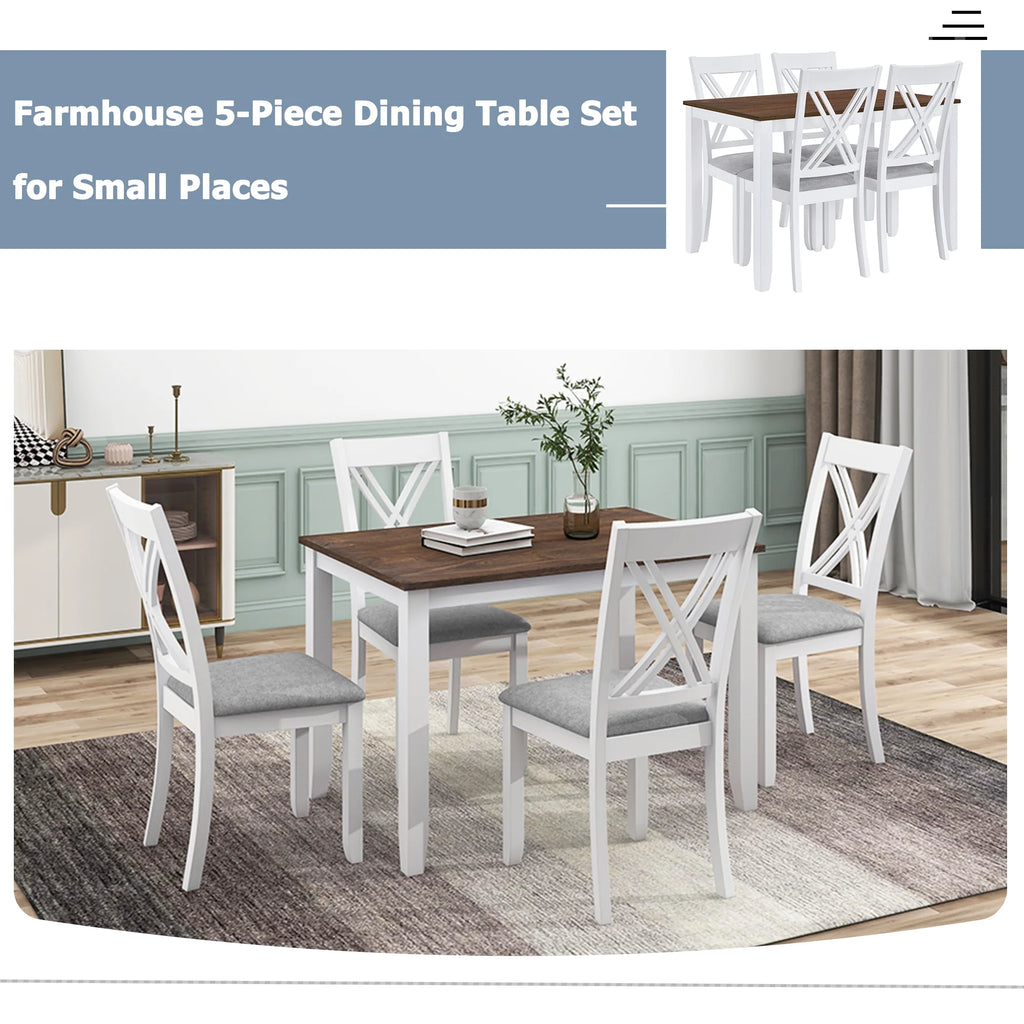 Seizeen Solid Wood Kitchen Table and Chairs, Dining Room Table Set for 4 with Gray Upholstered Chairs, Wood Grain Table Heavy - Duty Frame, Rustic Minimalist Style Breakfast Nook Set