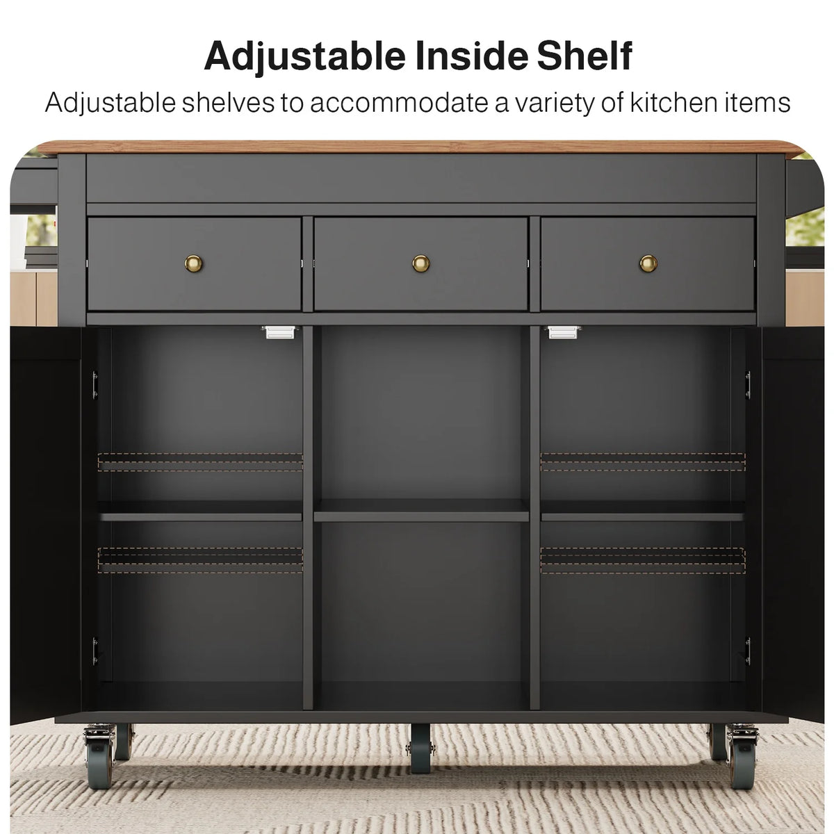 Noelse Rolling Kitchen Island with Drop Leaf Table and Hidden Trash Cabinet, Mobile Kitchen Cart with Storage Drawer, Adjustable Shelves & Rubberwood Countertop on Wheels, White