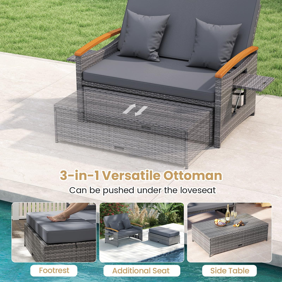 Tangkula Patio Rattan Daybed with 4-Level Adjustable Backrest