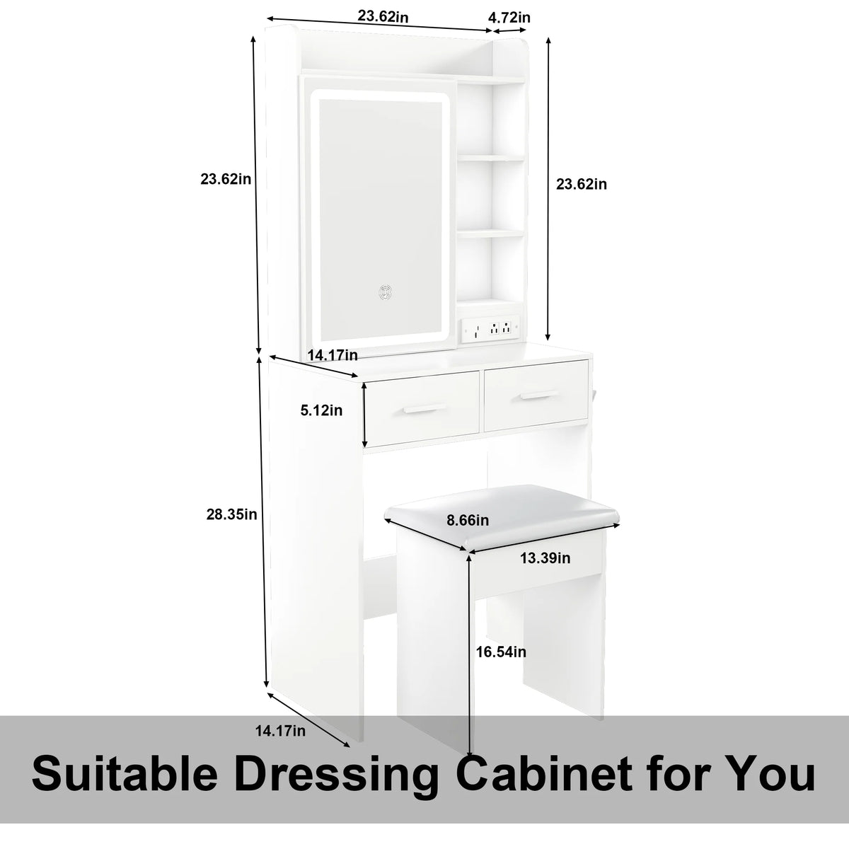 Montary Modern Mini Vanity W/Adjustable LED Mirror + Hidden Storage, Padded Stool & Dustproof Shelves (White)