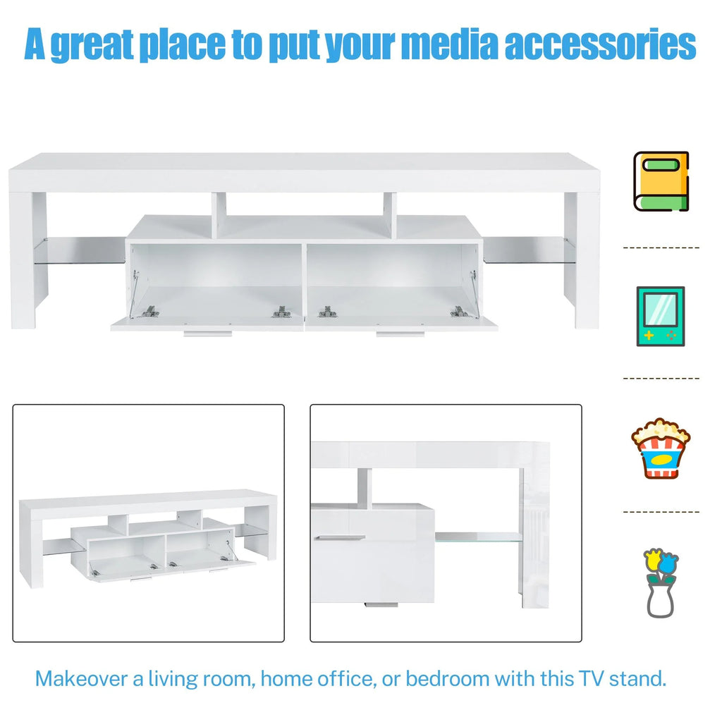 PAPROOS TV Stand for Tvs up to 70", High Gloss TV Cabinet with LED Light, Modern TV Console Table with Storage Drawers, Media Television Stand Entertainment Center, White