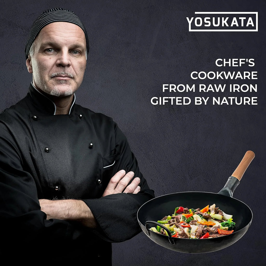 YOSUKATA 13.5" Carbon Steel Wok Pan - Pre - Seasoned Flat Bottom Wok for Stir Fry, BBQ & Camping - Works with Induction, Gas, Electric & Open Fire